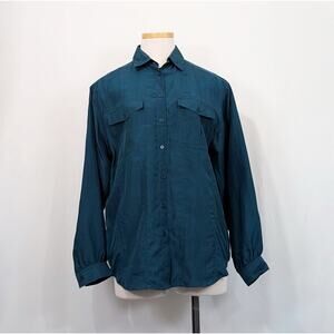 Vintage 90s Blouse Teal Green Silk Top Shirt Misses Size S